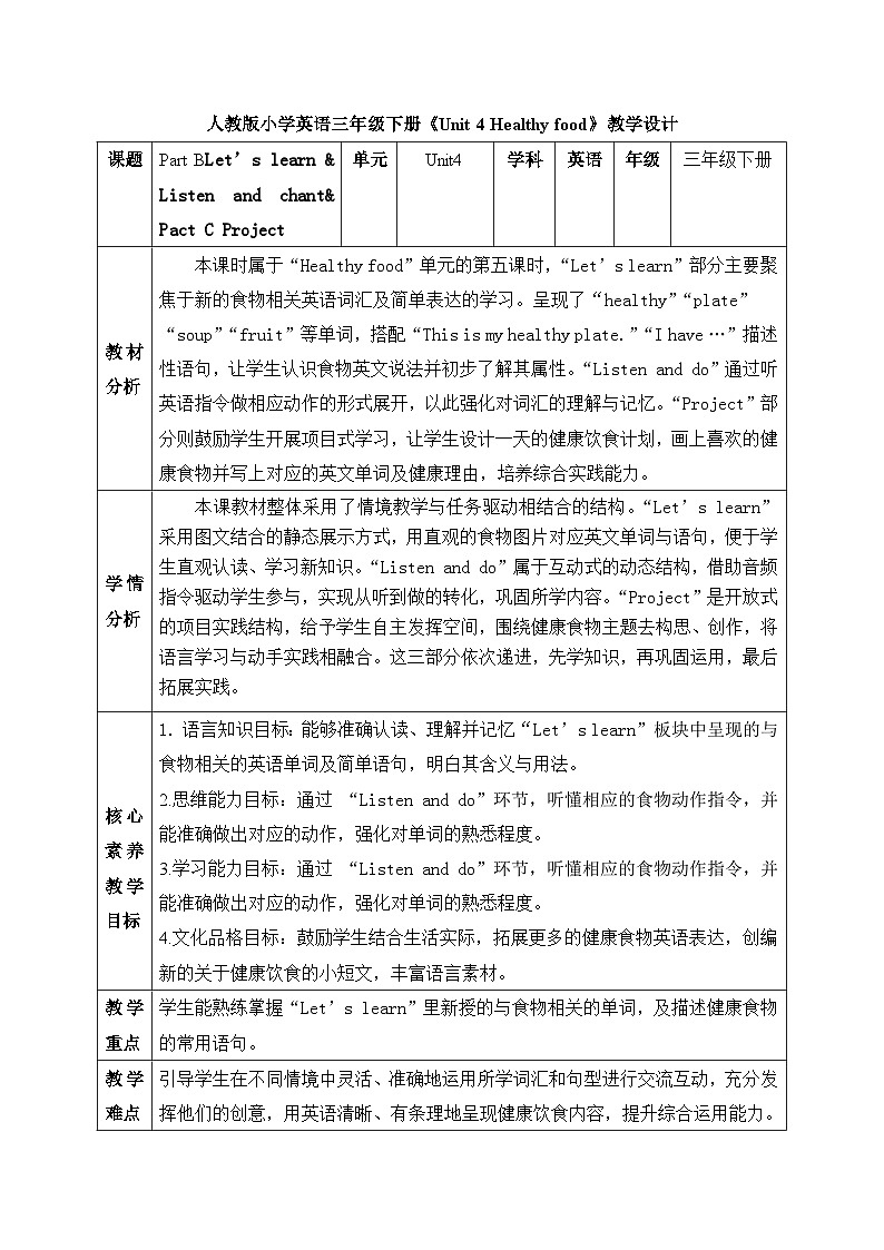 【备课无忧】人教版三下-U 4 PB Let’s learn & Listen and chant& Project （教案）第1页
