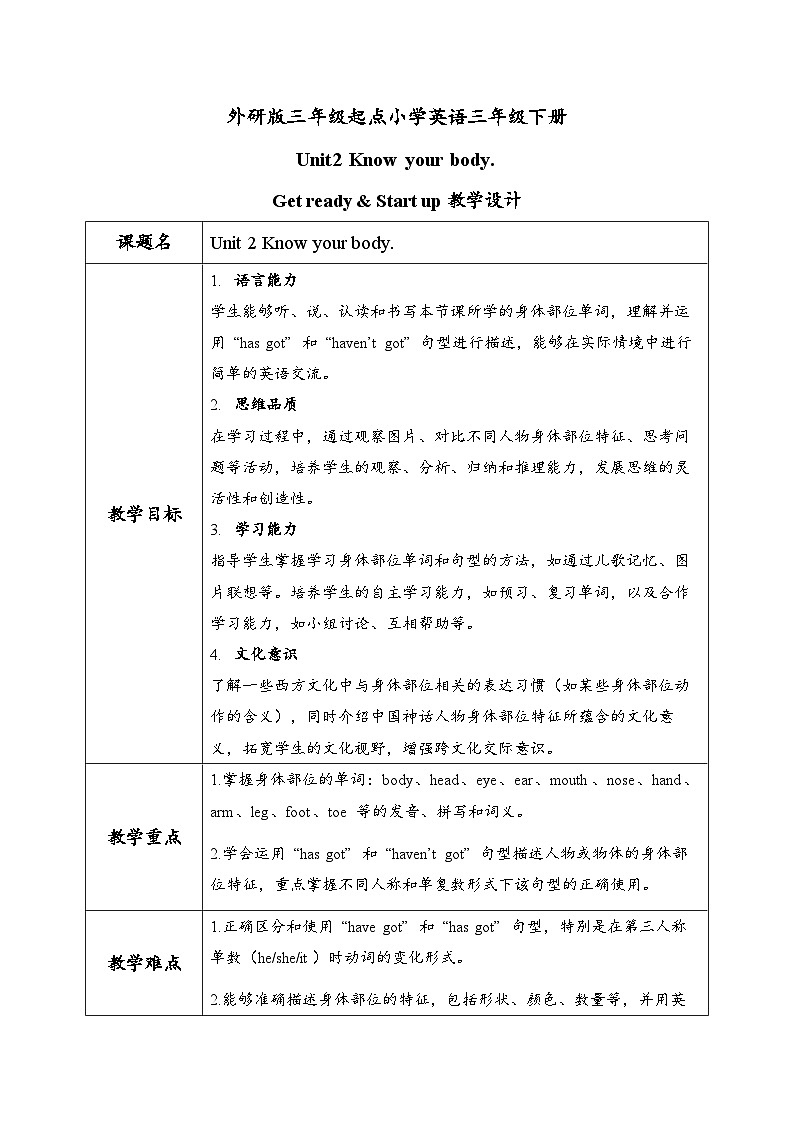 外研版三年级起点小学英语三年级下册 Unit2 Know your body.教案第1页