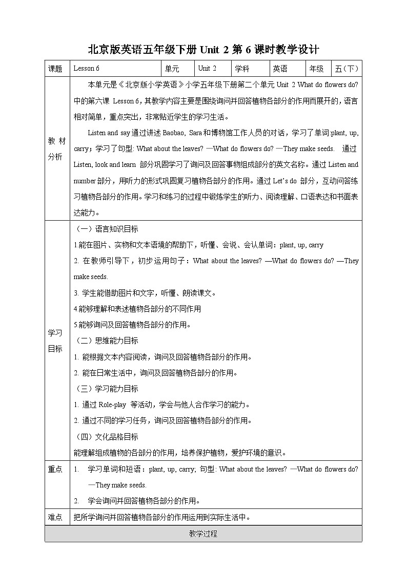 【核心素养】北京版英语五下 Unit 2《What do flowers do？》Lesson 6 教案第1页