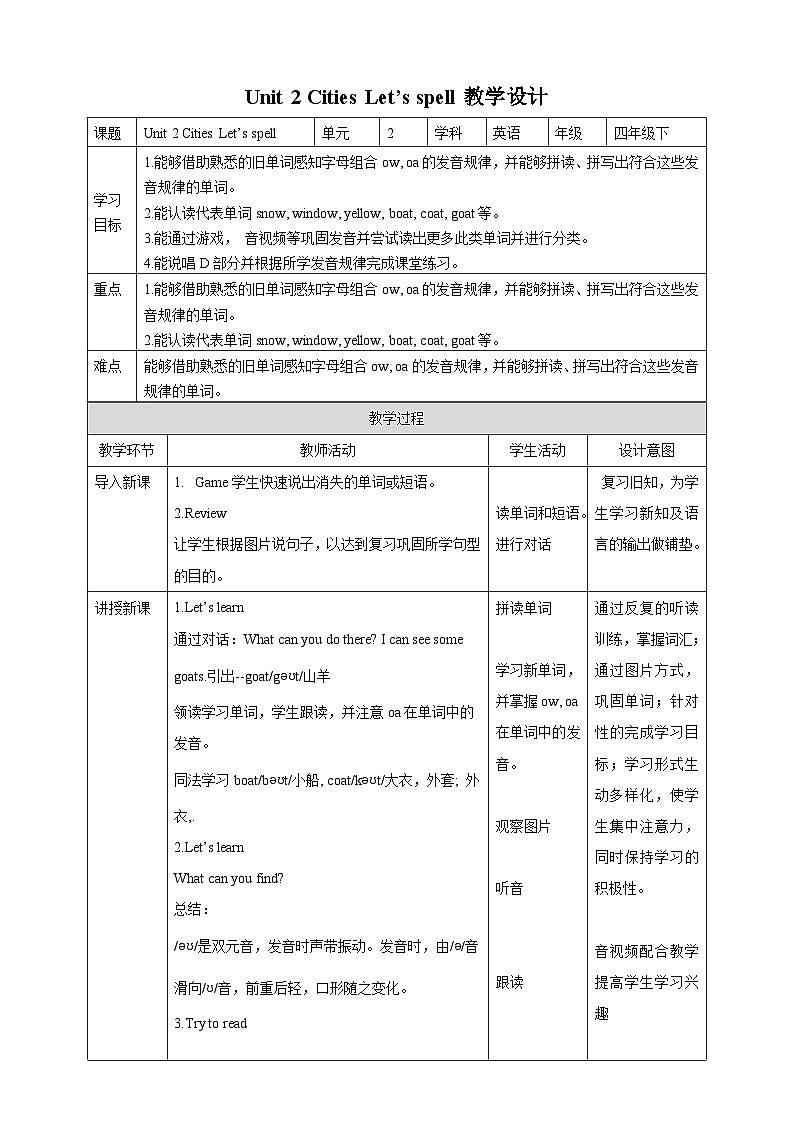 人教版（新起点）英语四下 Unit 2 Cities let's spell 教案第1页