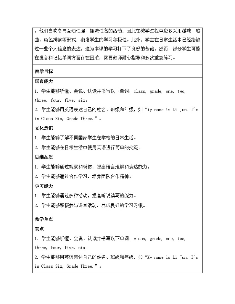 人教精通版（2024）三年级下册英语Unit 2 My class单元整体教学设计（共5课时）第2页