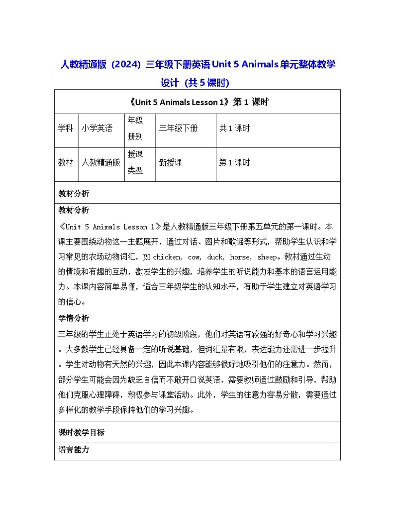 人教精通版（2024）三年级下册英语Unit 5 Animals单元整体教学设计（共5课时）第1页