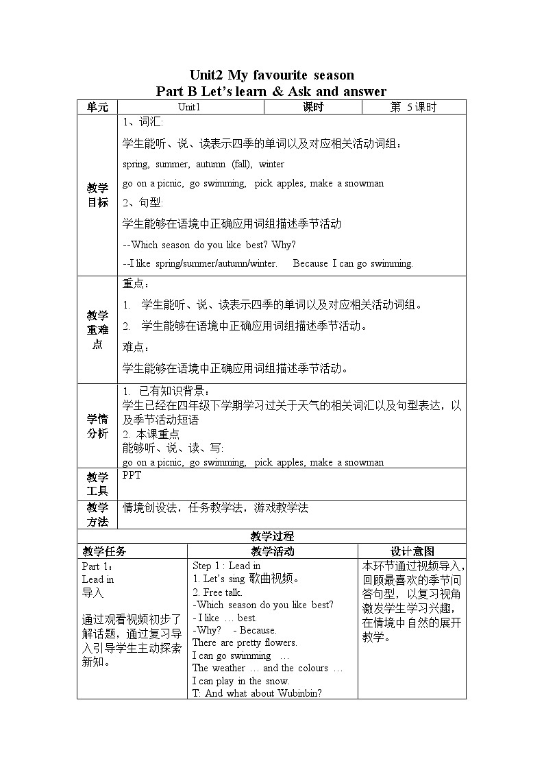 Unit2 第5课时（教学设计）Part B Let's learn & Ask and answer第1页
