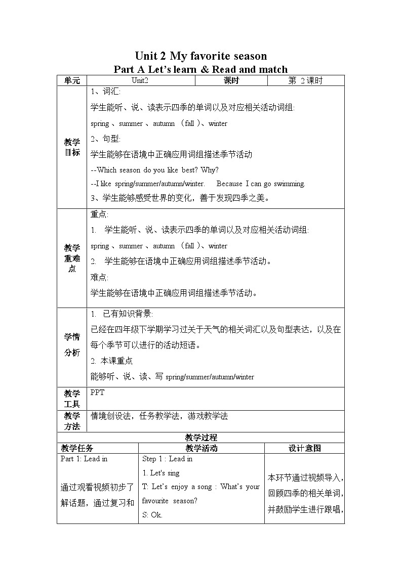 Unit2 第2课时（教学设计）Part A Let's learn & Read and match 第1页