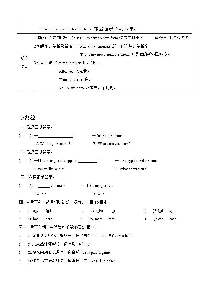 人教版三年级下册Unit 1 Meeting new people知识清单及练习第2页