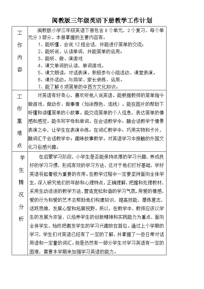 闽教版三年级英语下册教学计划第1页