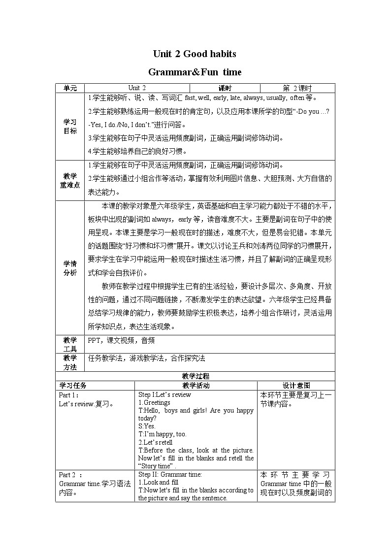 Unit 2 第2课时（教学设计）Grammar&Fun time第1页