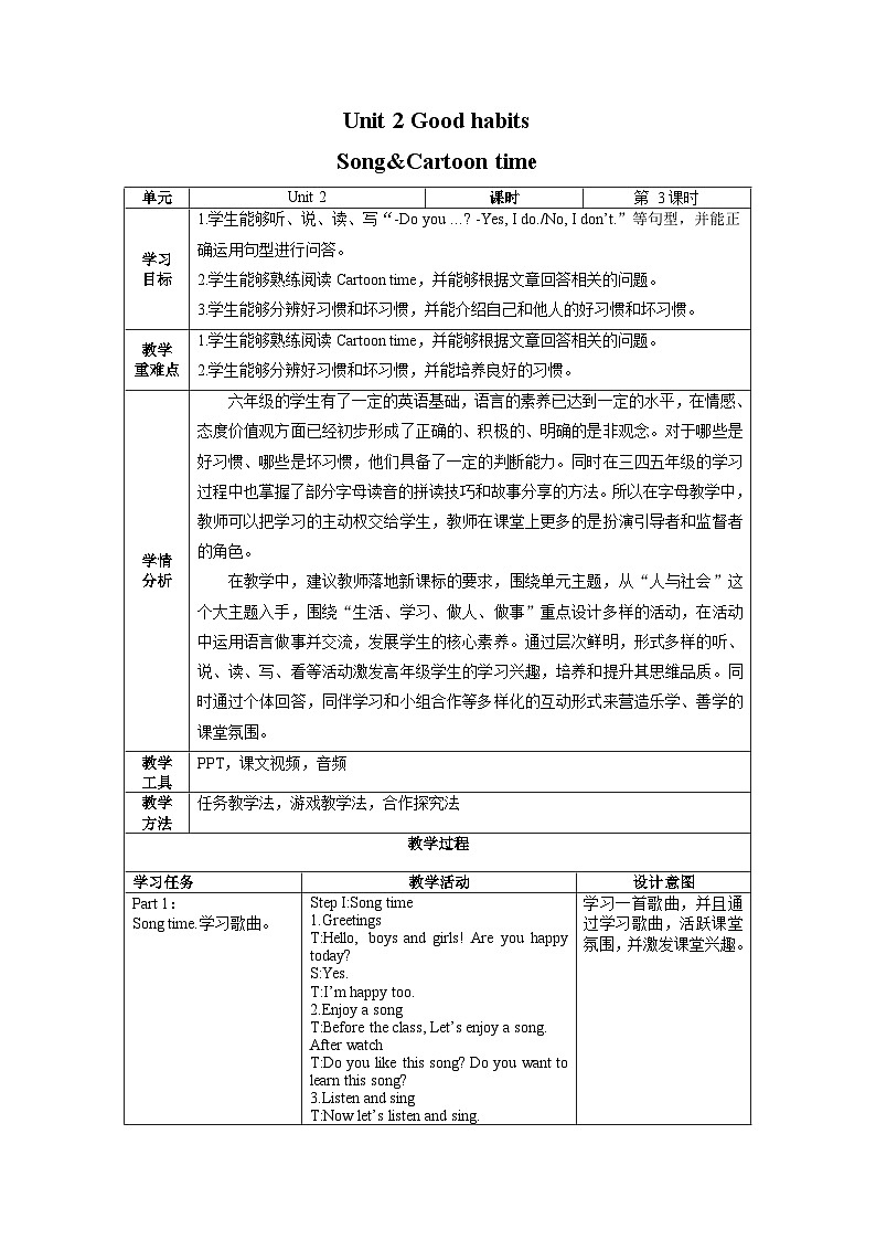 Unit 2 第3课时（教学设计）Song&Cartoon time第1页