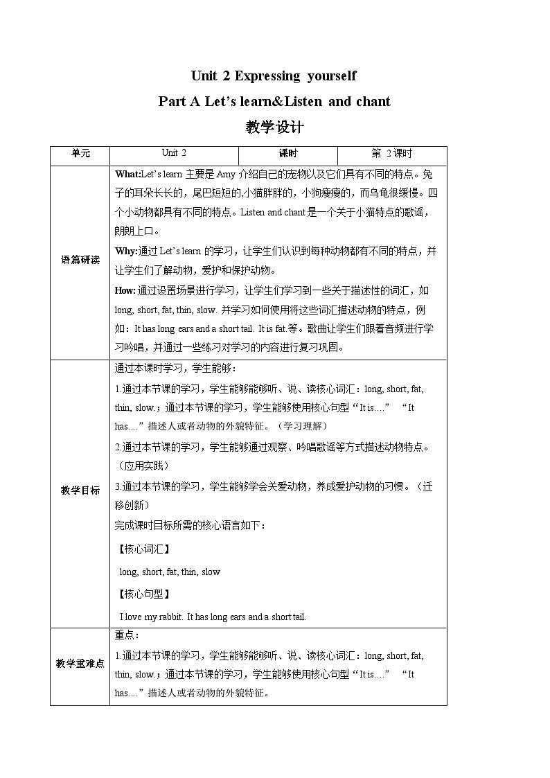 Part A Let's learn& Listen and chant（教学设计）（人教PEP版·2024）第1页