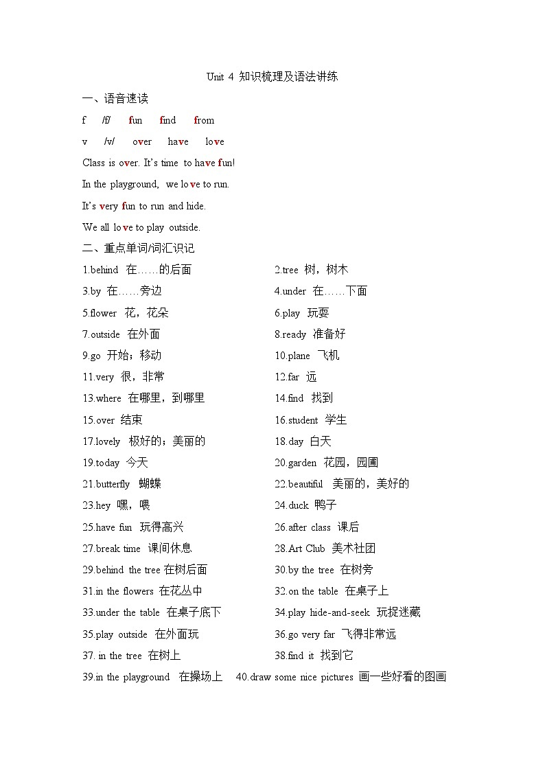 译林版小学英语三下Unit 4 知识梳理及语法讲练第1页