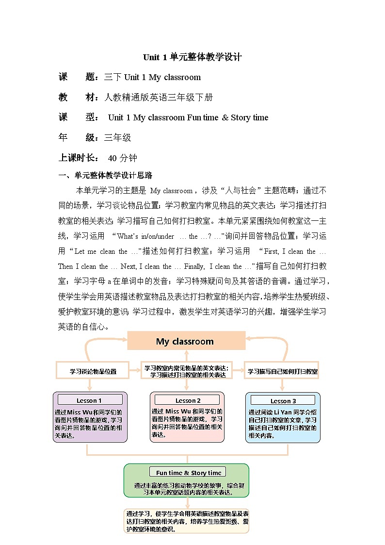 Unit 1 My classroom Fun time & Story time单元教学设计-新人教精通版三下第1页