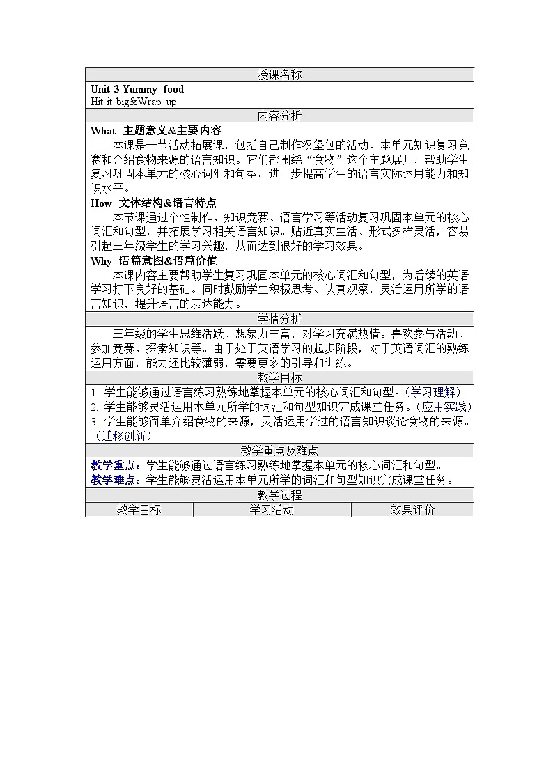 Unit 3 Yummy food Hit it big&Wrap up（教学设计）-2024－2025学年外研版（三起2024）英语三年级下册第1页