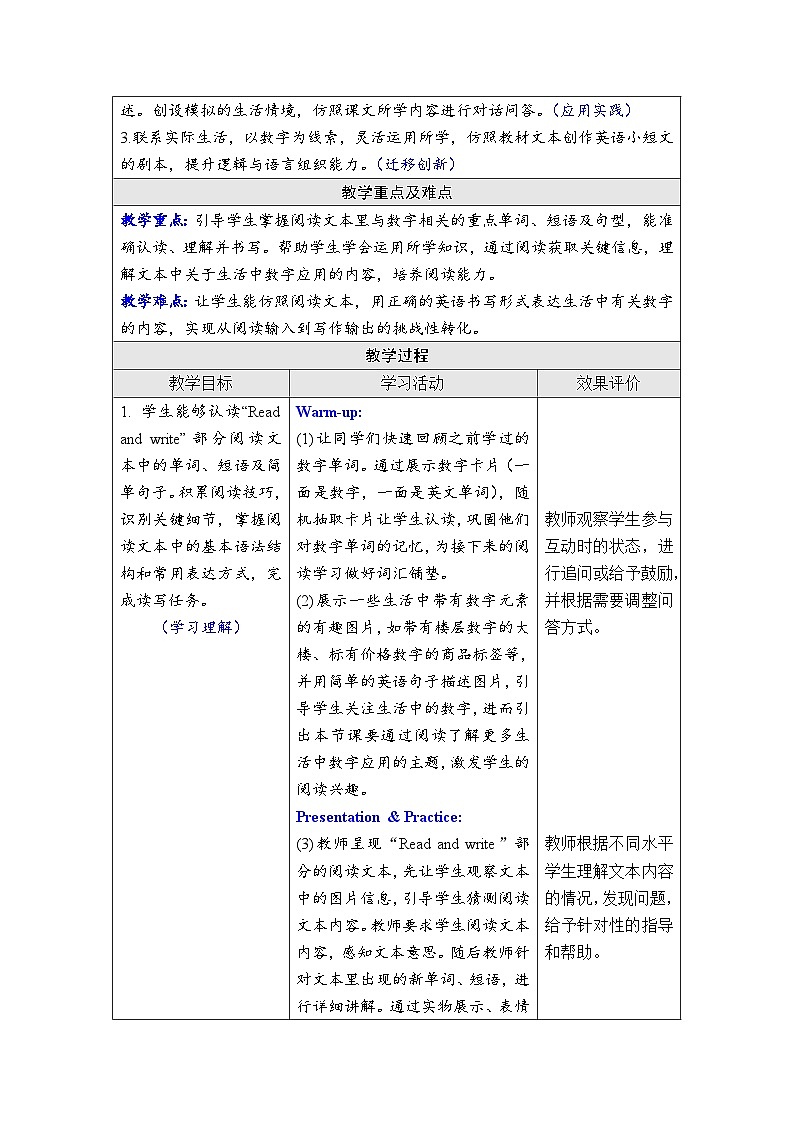 Unit 6 Numbers in life Part B Read and write & Reading time（教案）-2024-2025学年人教PEP版（2024）英语三年级下册第2页