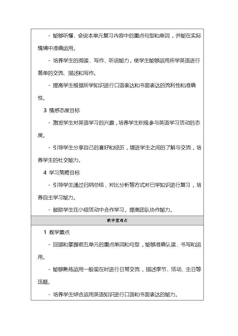 人教PEP版小学英语五年级下册《Recycle 1》教案第2页