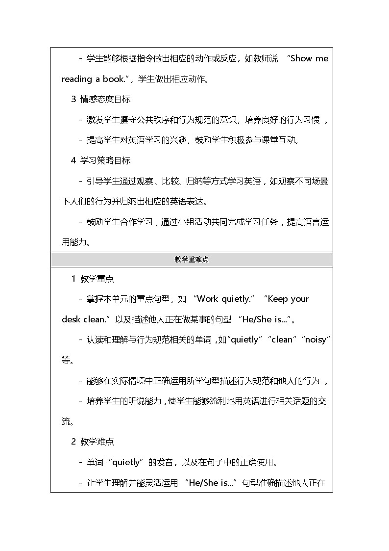 人教PEP版小学英语五年级下册《Unit 6 Work quietly》教案第2页