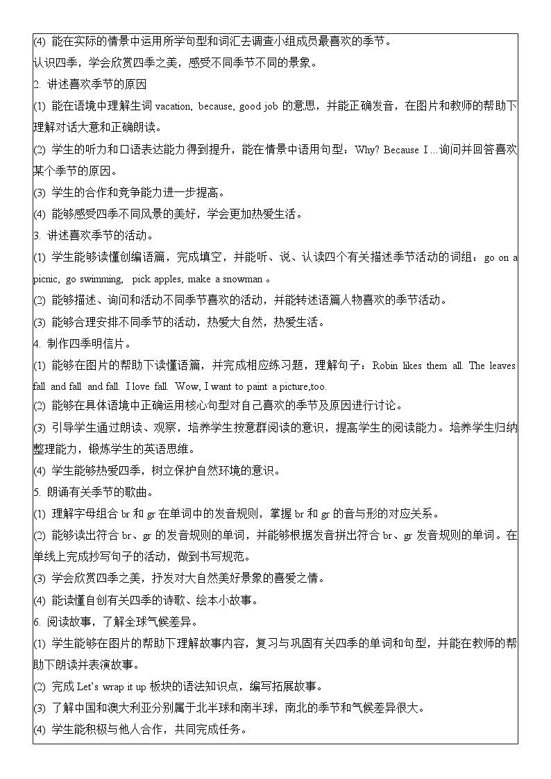 人教PEP版英语五年级下册Unit 2 My favourite season 单元整体教学设计第3页
