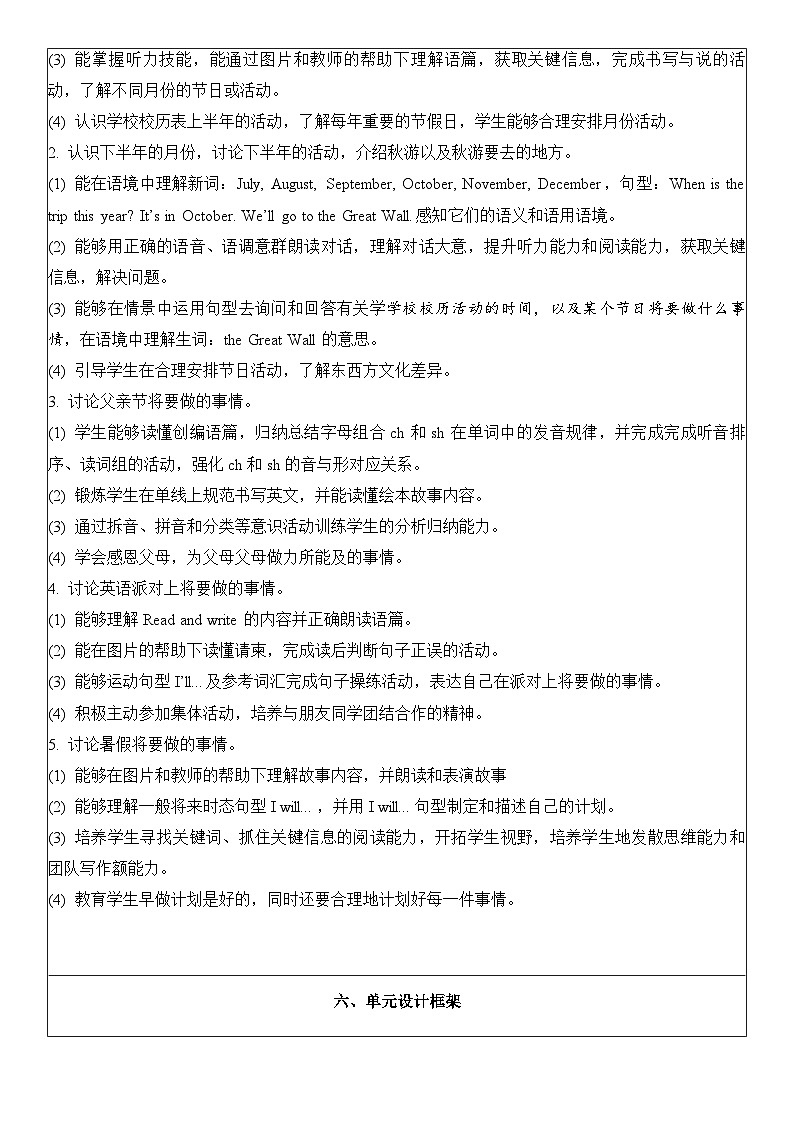 人教PEP版英语五年级下册Unit 3 my school calendar 单元整体教学设计第3页