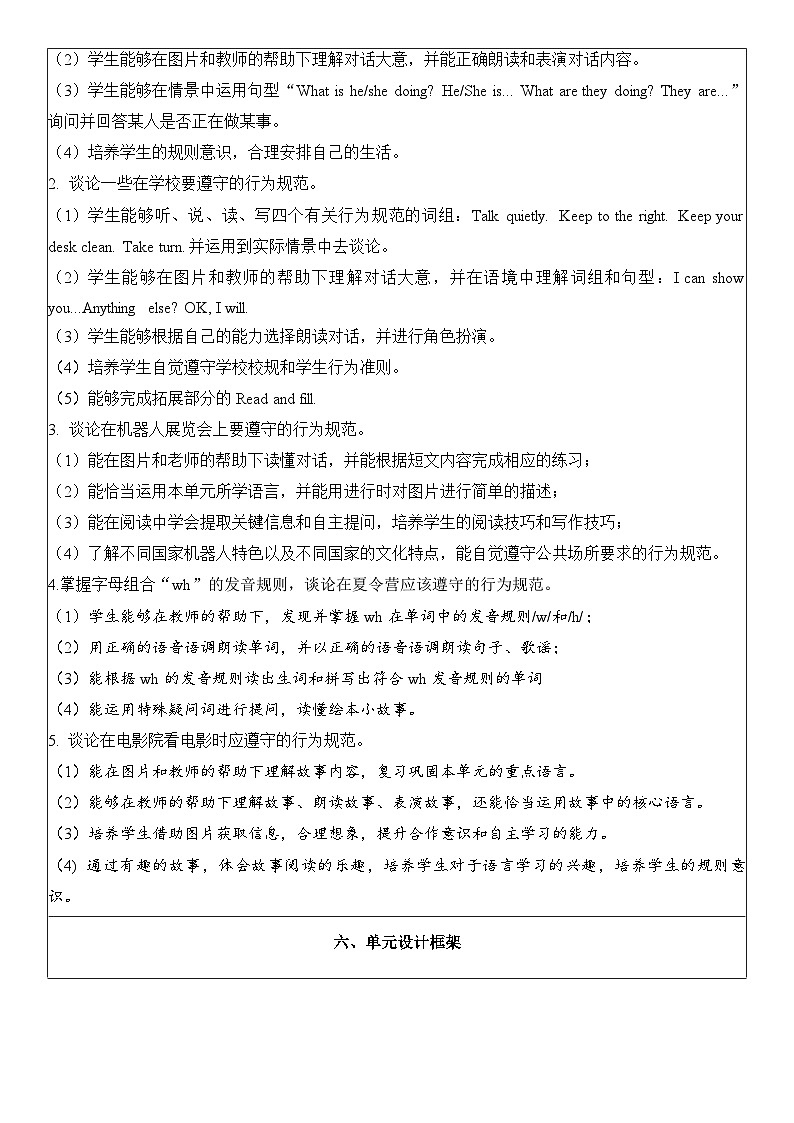 人教PEP版英语五年级下册Unit 6 work quietly单元整体教学设计第3页