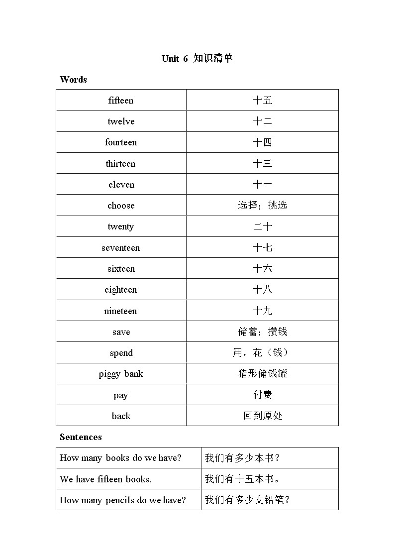 2024版人教版三年级下册英语Unit6 Numbers in life 知识清单第1页