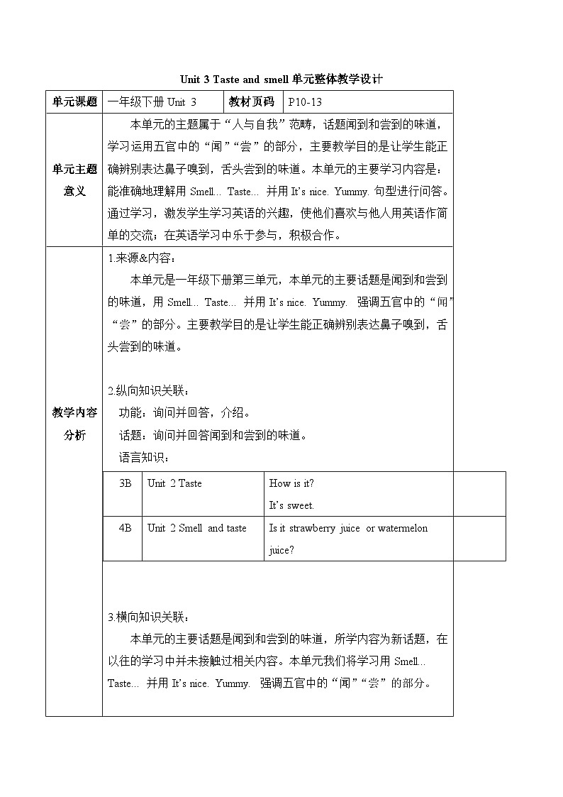 沪教牛津版(六三制一起)一下 Module 1 Unit 3《Taste and smell》Period 3 单元教案第1页