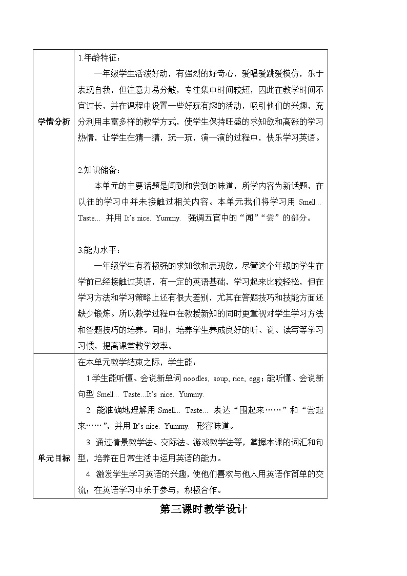 沪教牛津版(六三制一起)一下 Module 1 Unit 3《Taste and smell》Period 3 单元教案第3页
