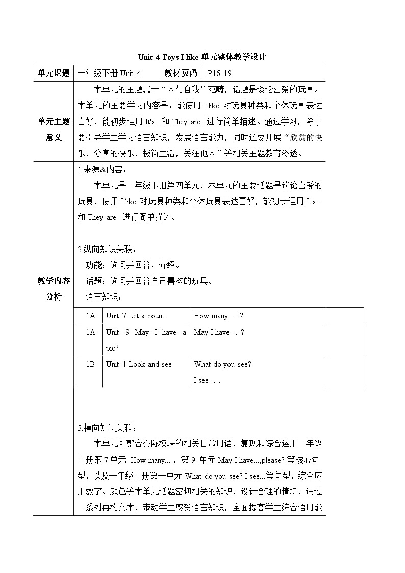 沪教牛津版(六三制一起)一下 Module 2 Unit 4《Toys I like》Period 2 单元教案第1页