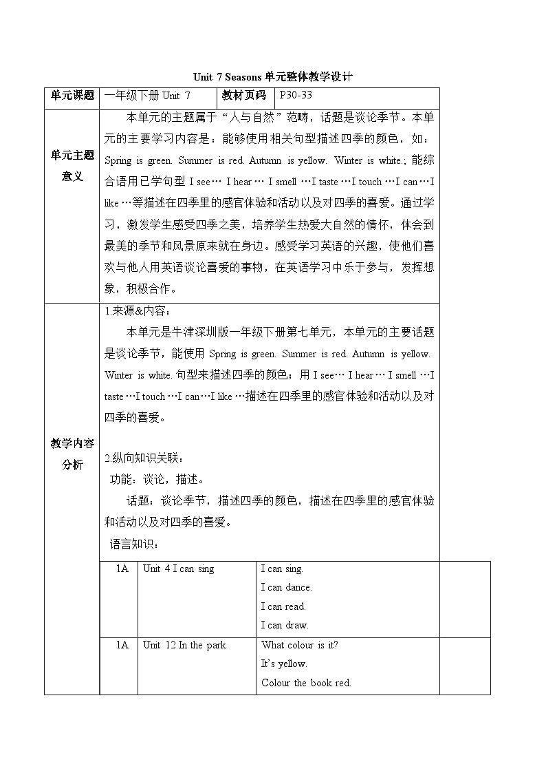 沪教牛津版(六三制一起)一下 Module 3 Unit 7《Seasons》Period 3 单元教案第1页