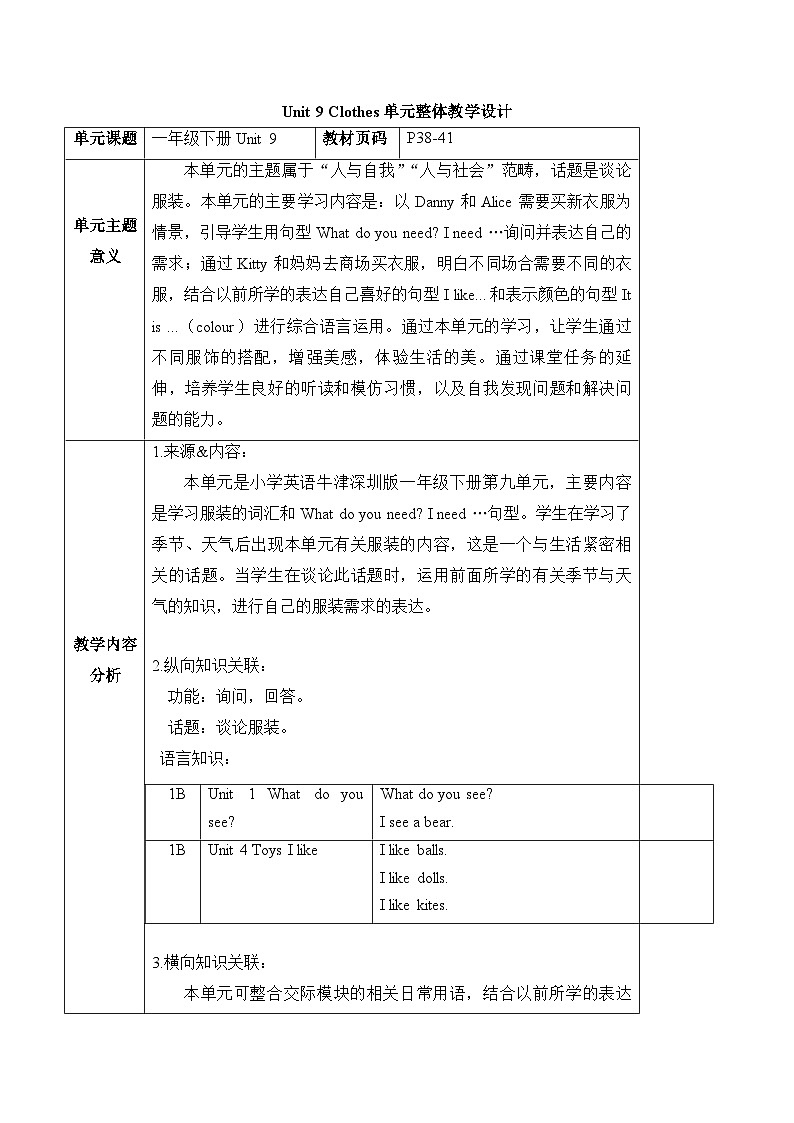沪教牛津版(六三制一起)一下 Module 3 Unit 9《Clothes》Period 2 单元教案第1页