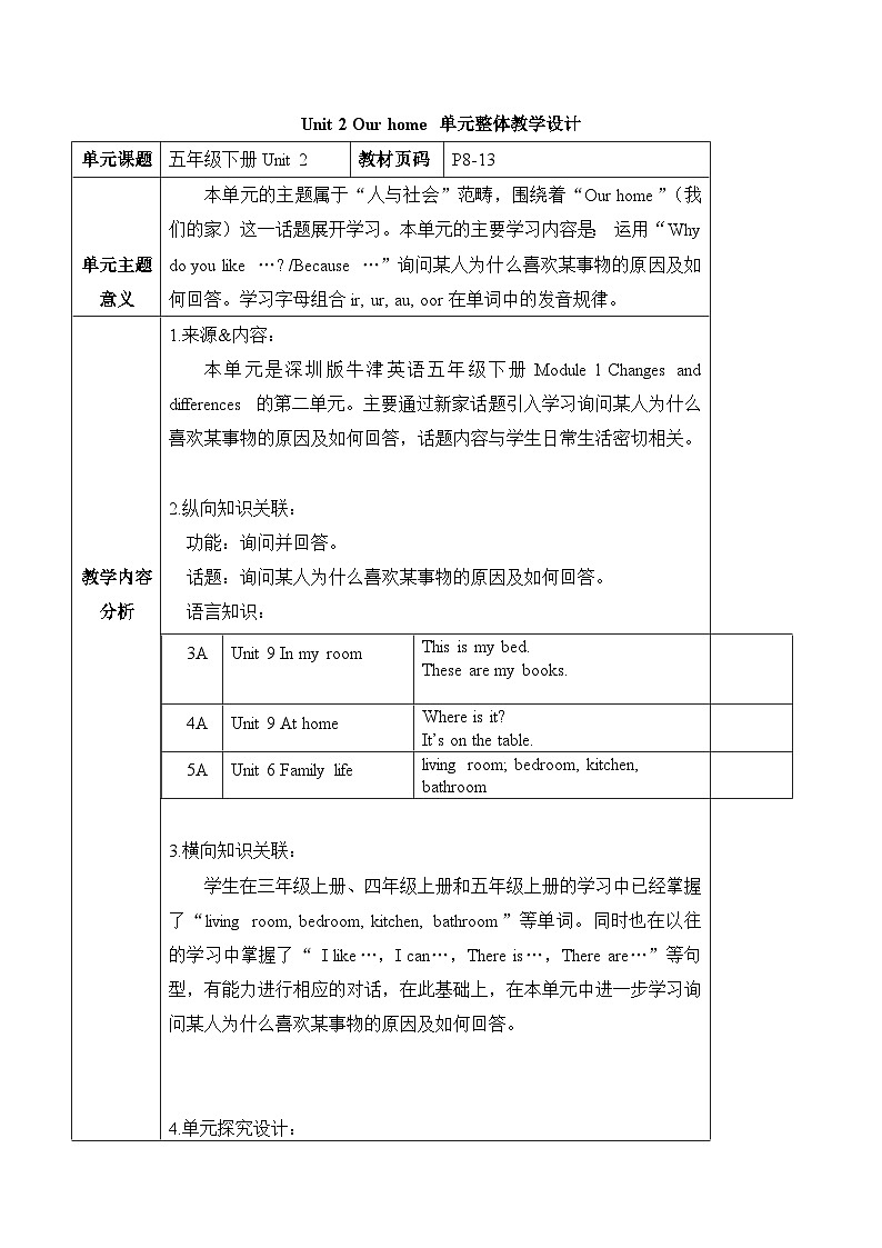 沪教牛津版(六三制一起)五下 Module 1 Unit 2《Our home》Period 2 单元教案第1页