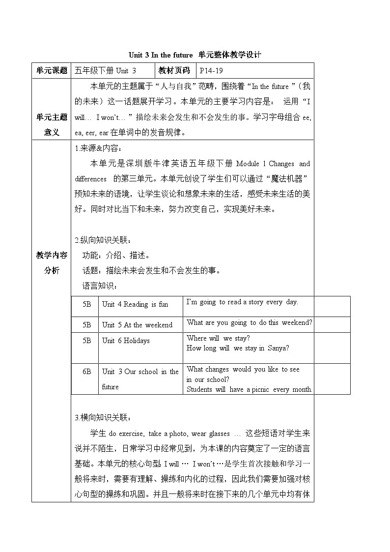 沪教牛津版(六三制一起)五下 Module 1 Unit 3《In the future》Period 1 单元教案第1页