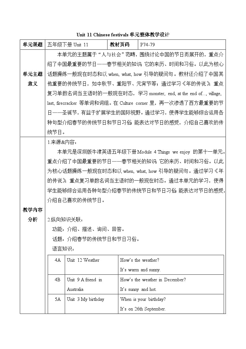 沪教牛津版(六三制一起)五下 Module 4 Unit 11《Chinese festivals》Period 2 单元教案第1页