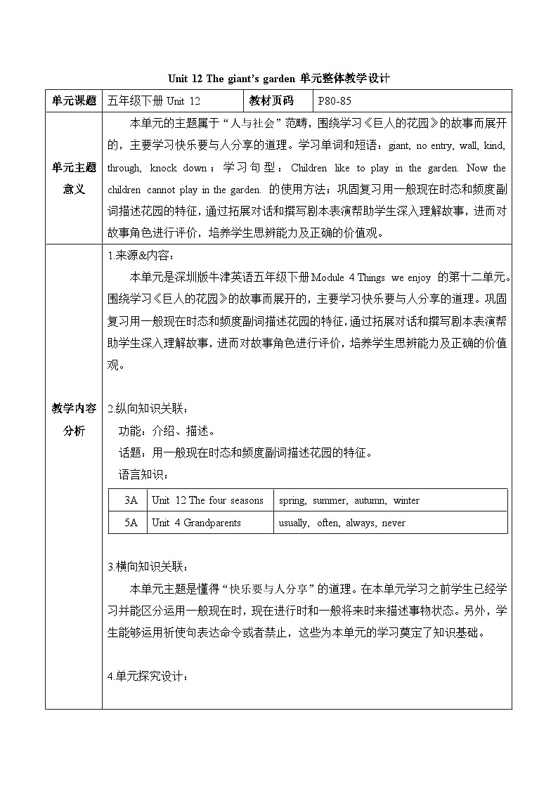 沪教牛津版(六三制一起)五下 Module 4 Unit 12《The giant's garden》Period 2 单元教案第1页