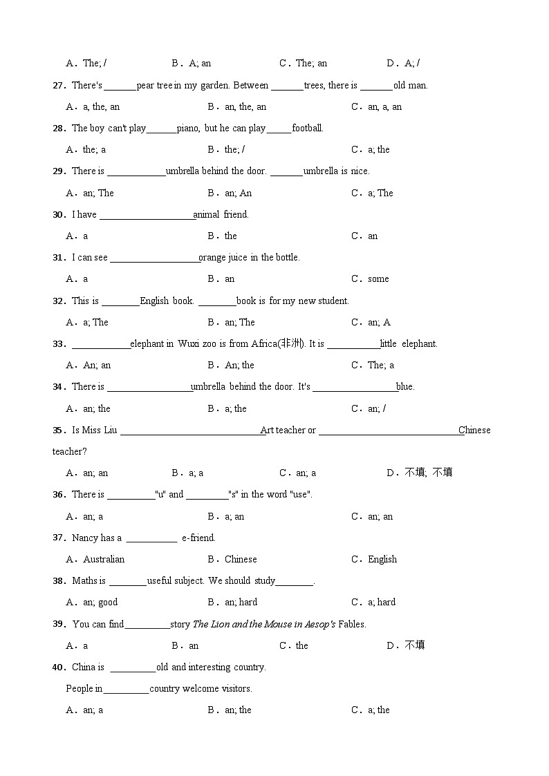 专项2：冠词 （含答案 解析）--2024-2025学年六年级小升初英语语法练习[江苏省专用]（译林三起）第3页