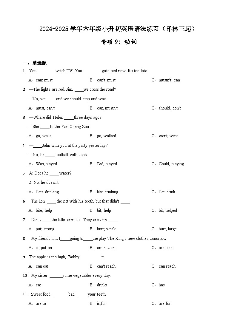 专项9：动词 （含答案 解析）--2024-2025学年六年级小升初英语语法练习[江苏省专用]（译林三起）第1页