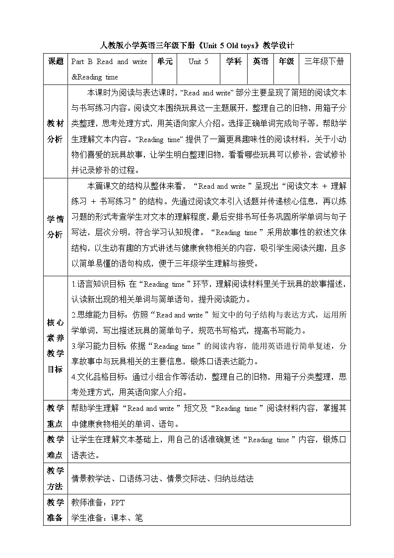 2024~2025学年 Unit 5 Old toys Part B Read and write 教案-三年级下册英语人教PEP版（2024）第1页