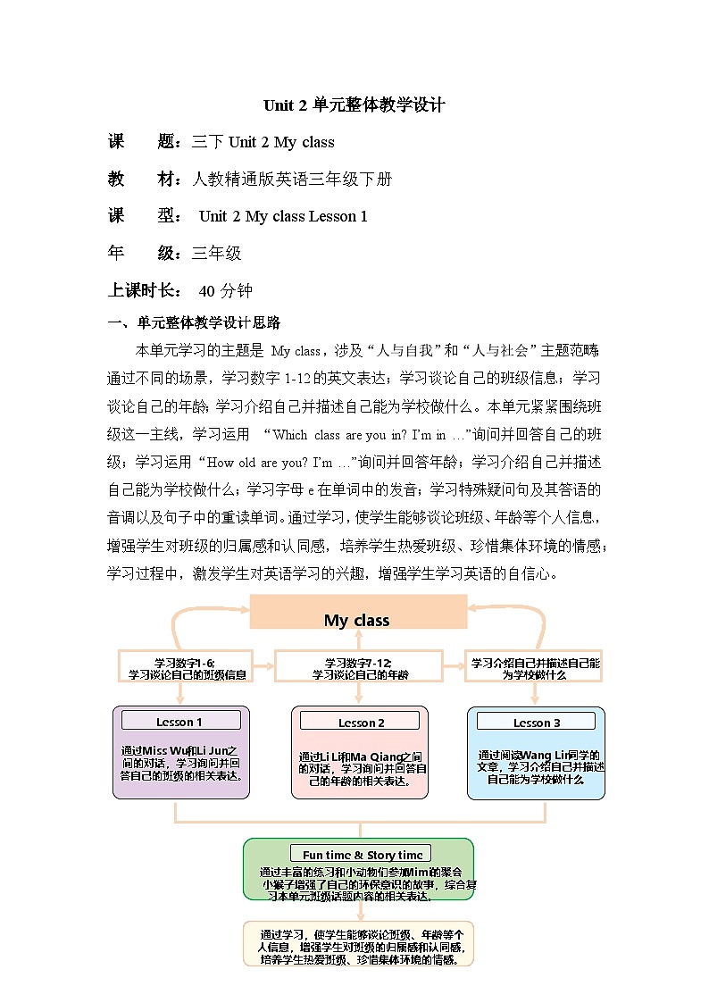 人教精通版三下Unit 2 My class Lesson 1单元教学设计第1页