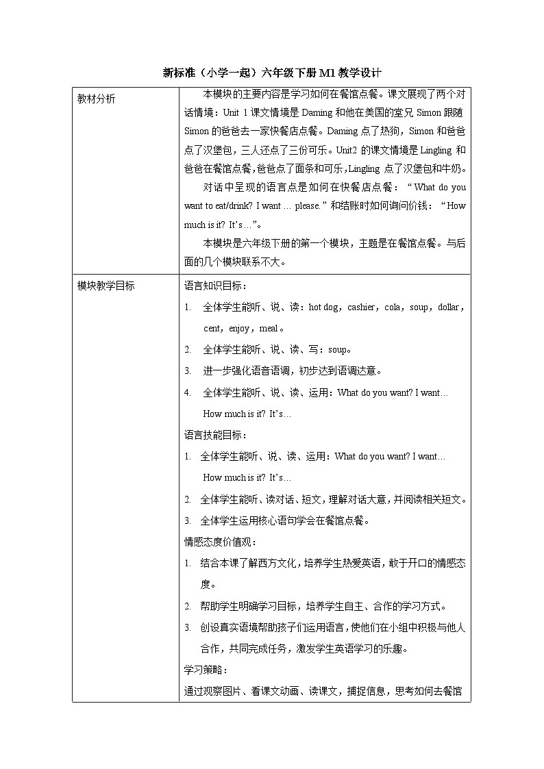 小学英语 外研版（一起） 六年级下册 Module 1 表格式教案第1页