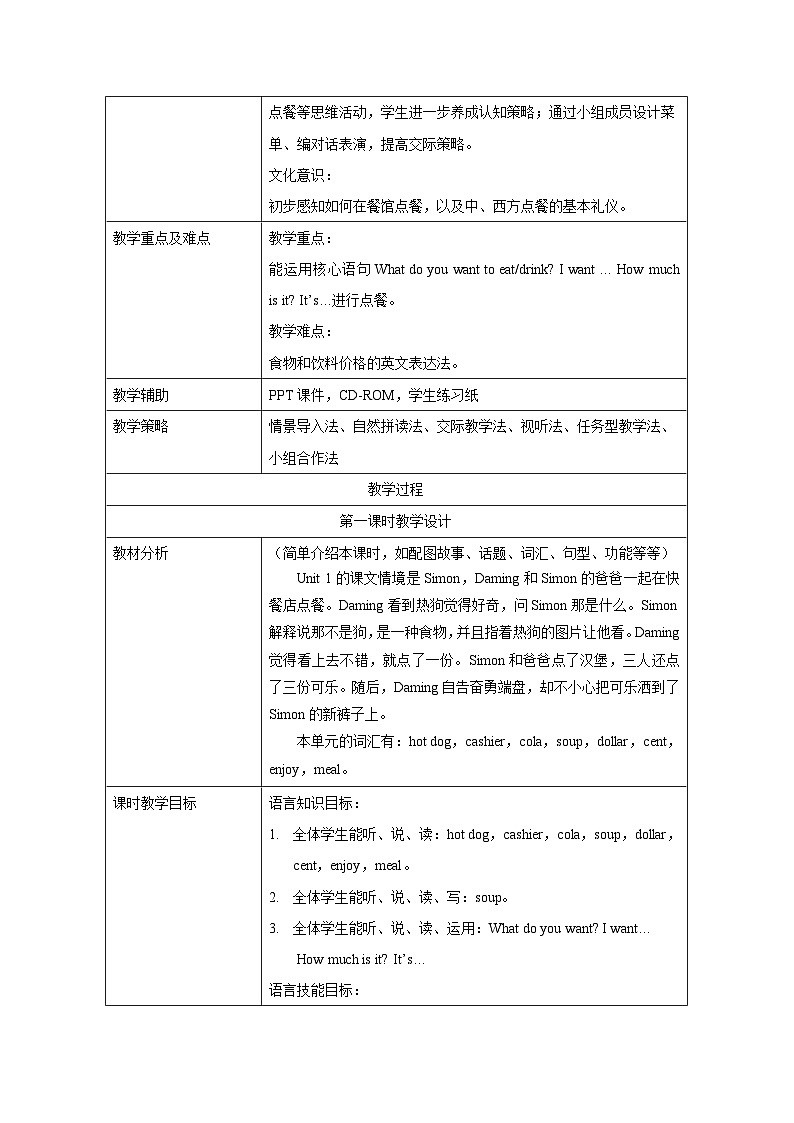 小学英语 外研版（一起） 六年级下册 Module 1 表格式教案第2页