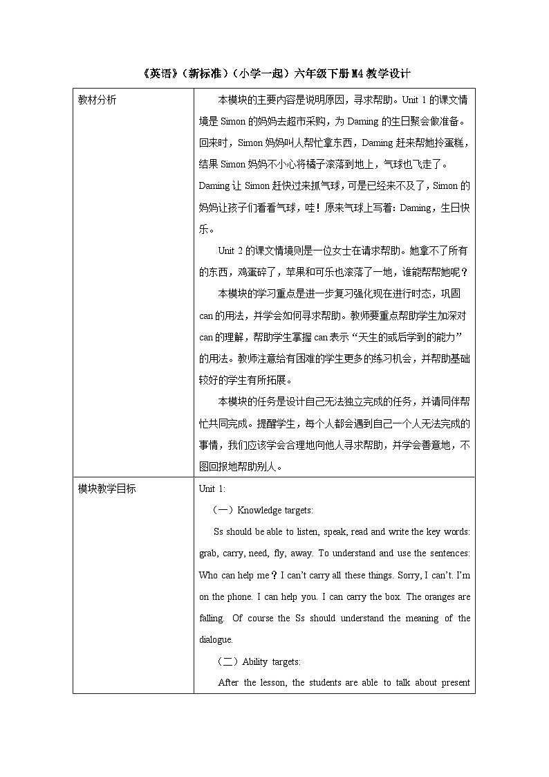 小学英语 外研版（一起） 六年级下册 Module 4 表格式教案第1页