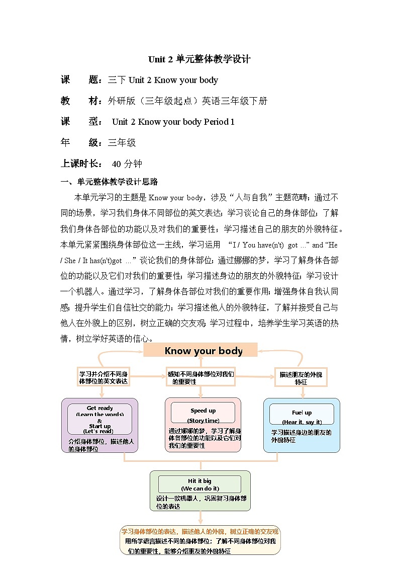 外研版（三起）三下 Unit 2 Know your body Period 1 Get ready & Start up 单元教学设计第1页