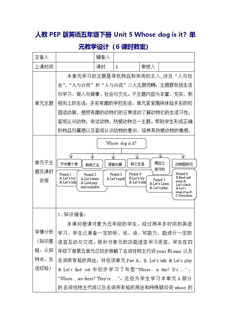 人教PEP版英语五年级下册Unit 5 Whose dog is it？单元教学设计（6课时教案）第1页