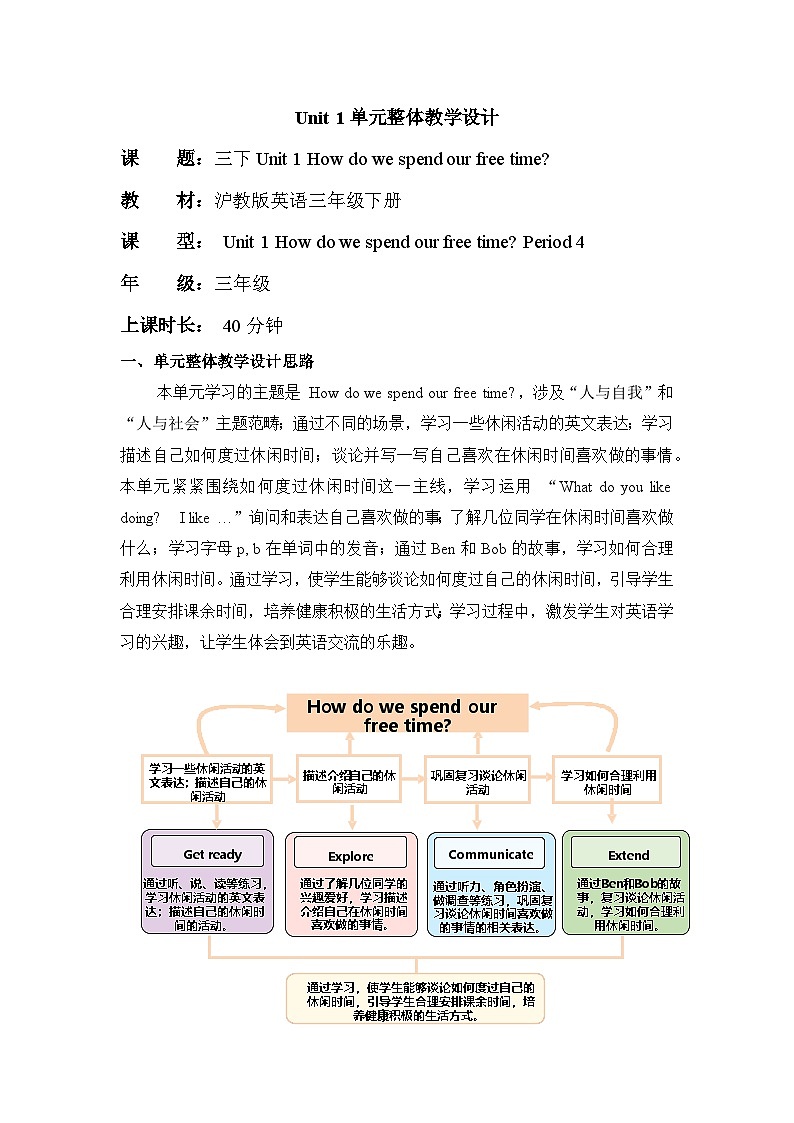 Unit 1 How do we spend our free time Period 4 Extend 单元教学设计-新沪教版三下第1页