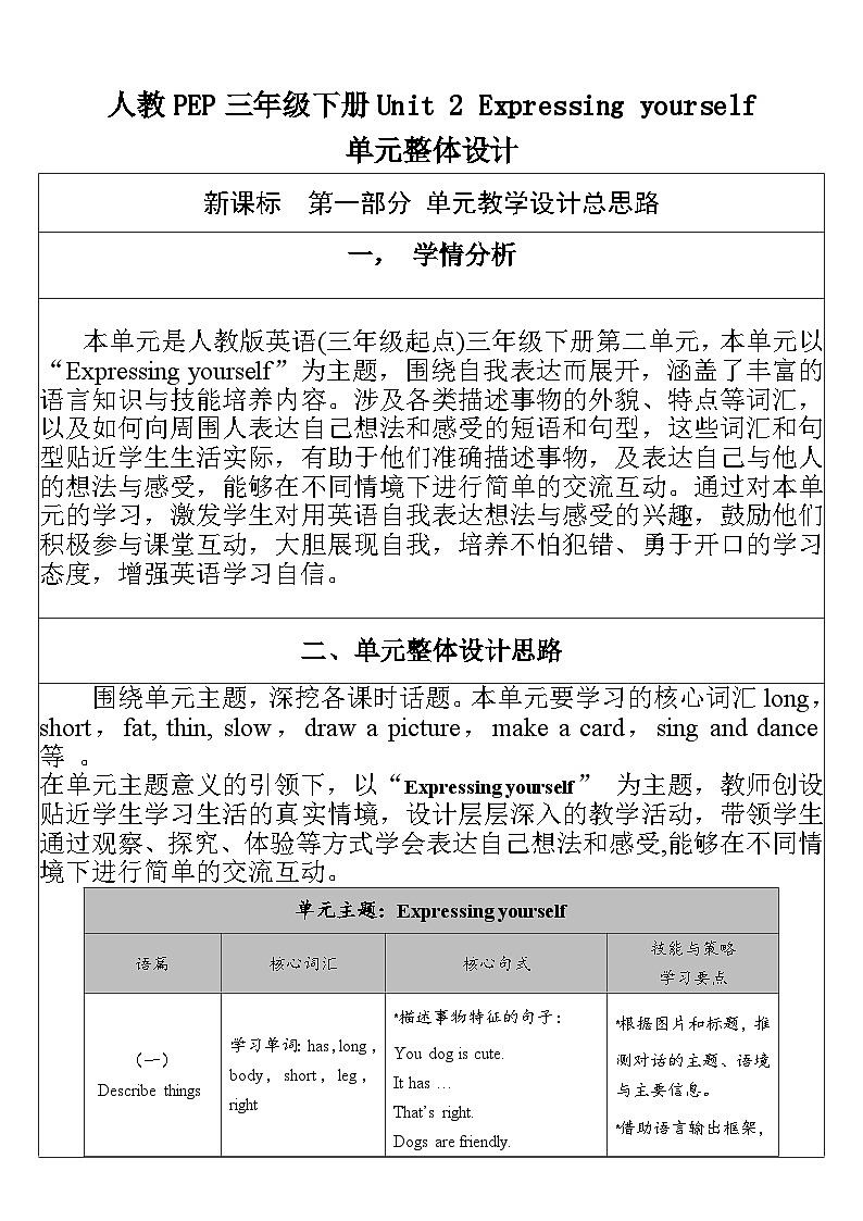 【单元整体教学设计】Unit 2 Expressing yourself PA Let's learn 教案第1页