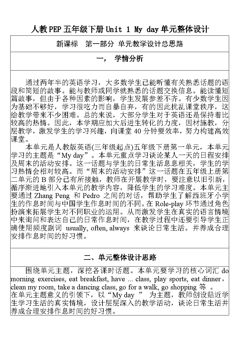 【单元整体教学设计】Unit 1 My day PA Let's learn 教案第1页
