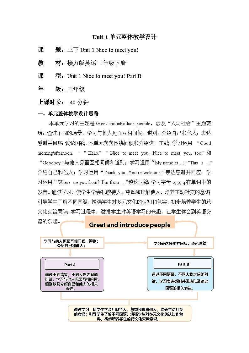 Unit 1 Nice to meet you! Part B 单元教学设计第1页