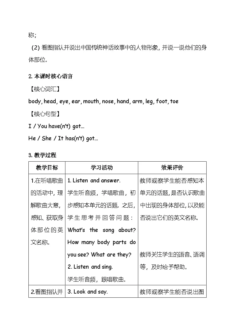 外研版（三起）（2024）三年级下册英语Unit 2 Know your body单元备课教案第2页