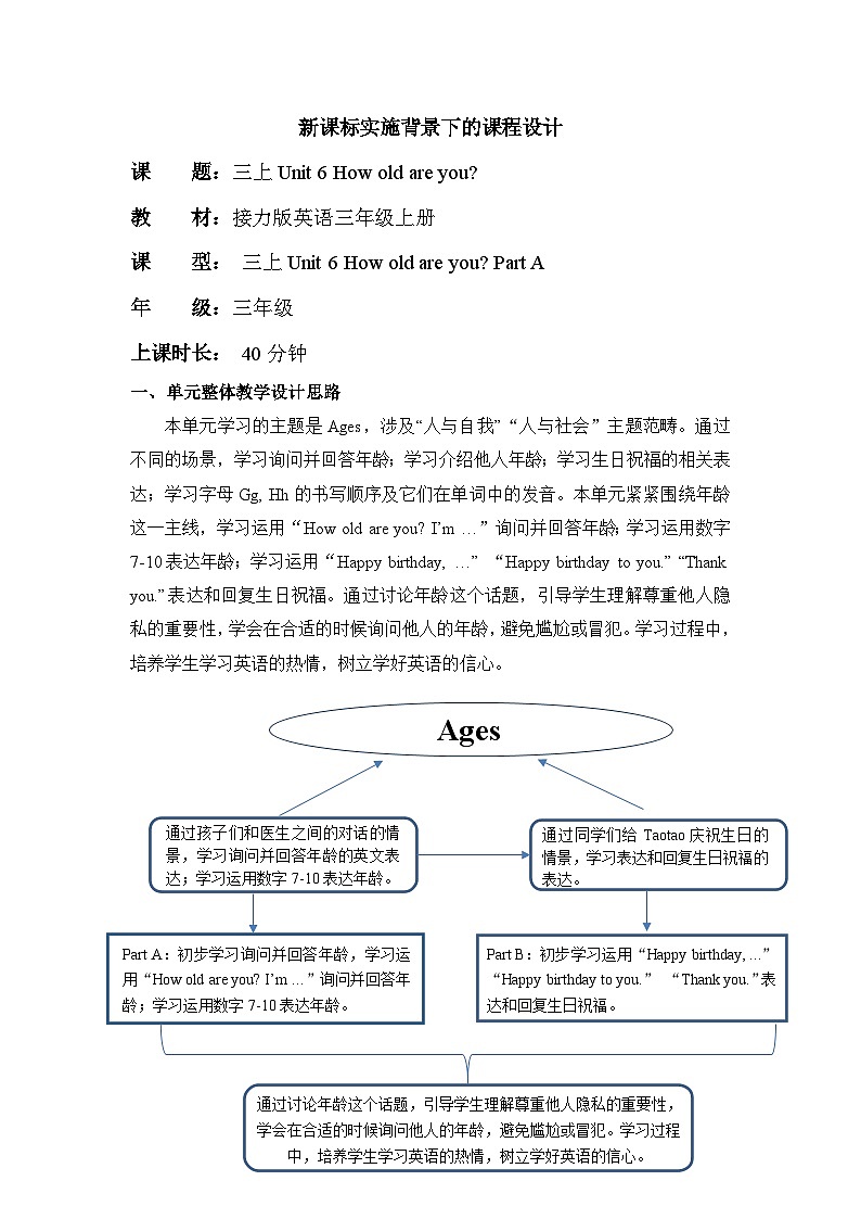 接力版三上 Unit 6 Part A 单元教学设计第1页