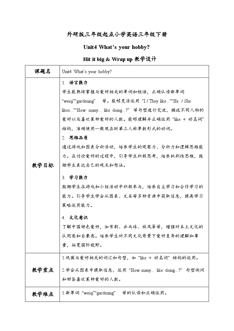 外研（孙有中2024）英语 三下 Unit4 第3课时Hit it big Wrap up教学设计第1页