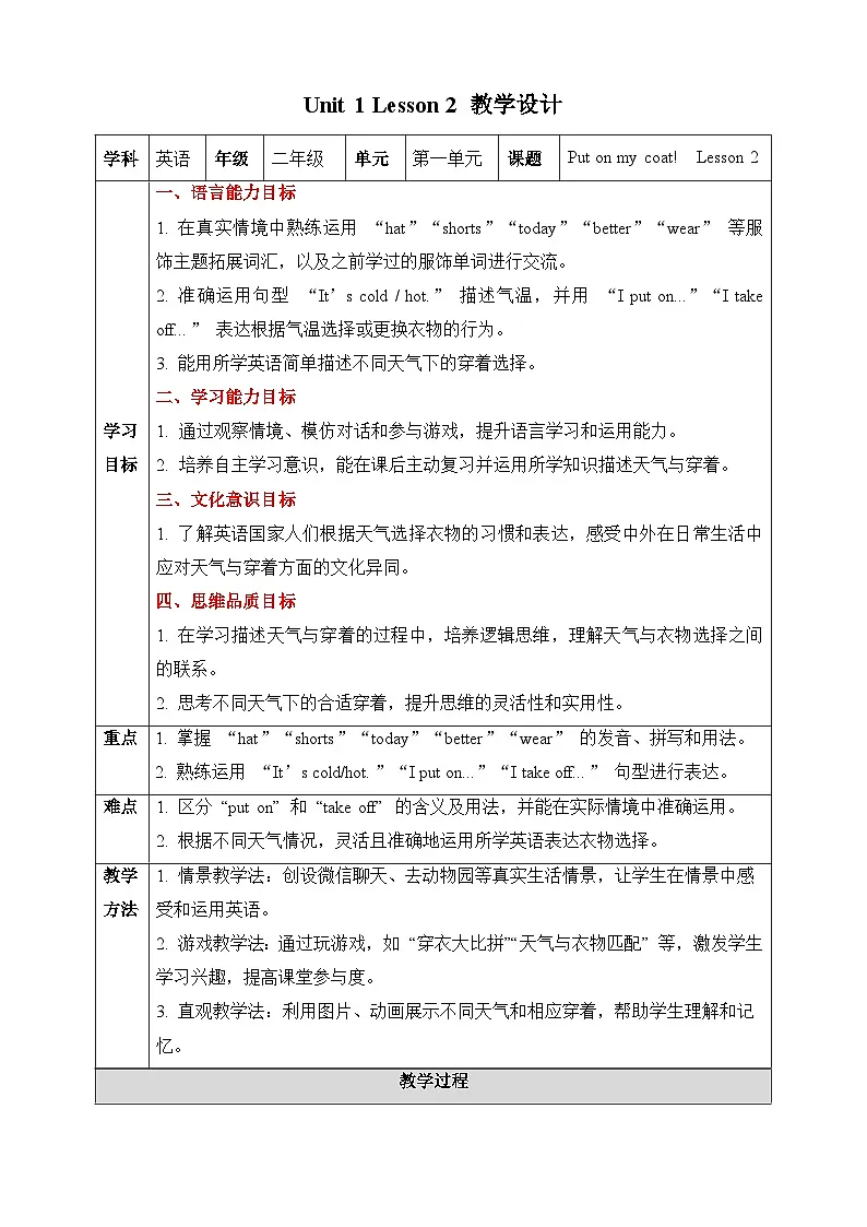 人教PEP2024英语 二下Unit 1 Lesson 2 教学设计第1页
