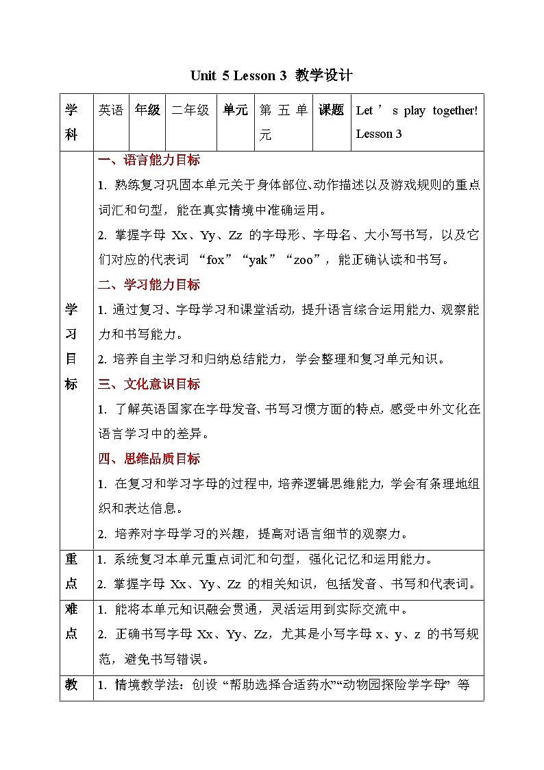 人教PEP2024英语 二下 Unit 5 Lesson 3 教学设计第1页
